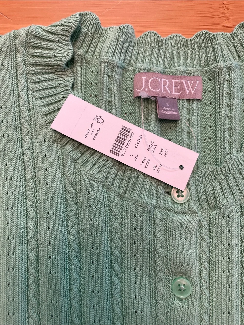 J. Crew Jackie Pointelle Cardigan Large Matcha Macaron Green Short Sleeve